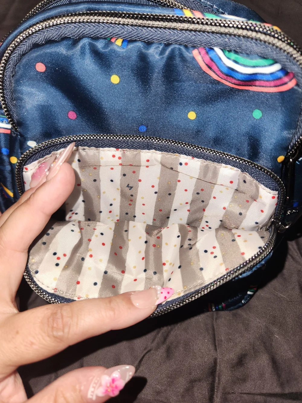 lug Can Can Navy Quilted Crossbody Bag with Rainbow Print